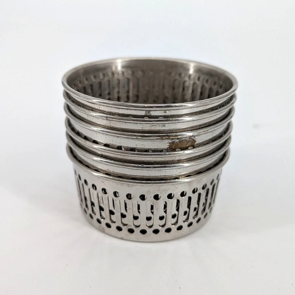Vintage Silver Tone Metal Pierced Glass Holders Coasters Nuts Set of 6 3 Inch